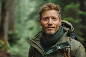 Middle-aged Caucasian man in a hiking outfit, smiling warmly in a lush forest setting, embodying adventure and connection with nature. photo