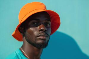 A confident Black man wearing an orange bucket hat against a vibrant turquoise background. photo
