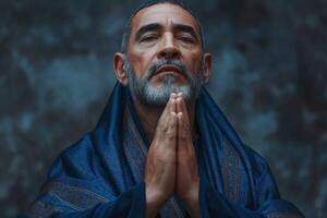 An elderly Middle-Eastern man with a gray beard, dressed in a dark shawl, prayerfully poses with his hands together. photo