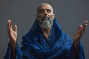 A middle-aged man of Middle Eastern descent, draped in blue fabrics, performs a meditative pose with serene expression. photo