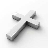 A shiny silver cross resting on a clean, white surface, symbolizing faith and spirituality. photo