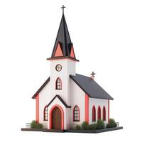 A charming small church with a pointed roof and colorful accents, surrounded by greenery. photo