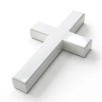 A sleek, modern white cross symbolizing faith and spirituality against a plain background. photo