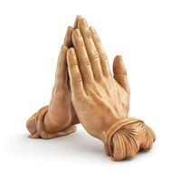 A pair of elegantly crafted, realistic wooden hands in a prayer position, symbolizing faith and contemplation. photo