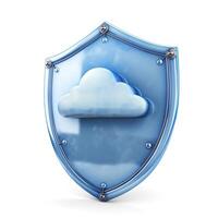 A stylized blue shield featuring a cloud symbol, representing cloud security and digital protection. photo