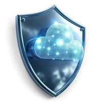 Modern digital shield featuring a cloud icon, symbolizing cybersecurity and data protection. photo