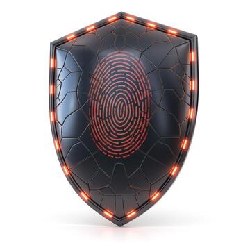 A futuristic black shield featuring a fingerprint design, illuminated with red lights, symbolizing security and protection. photo