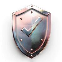A shiny metallic shield featuring a checkmark symbol, representing security and protection. photo