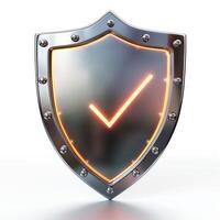 A shiny metallic shield with glowing checkmark symbol, representing security and trust. photo