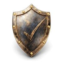 A vintage-style metallic shield with a checkmark emblem symbolizing security and trust. photo