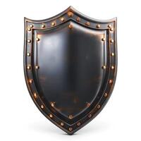 A beautifully crafted, vintage-style shield featuring a dark metal finish with decorative rivets, perfect for display. photo