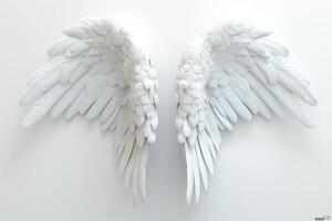 Stunning white angel wings against a soft white background, symbolizing purity and freedom. photo