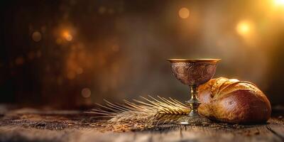 A rustic bronze chalice beside freshly baked bread and wheat, creating a warm, inviting atmosphere. photo