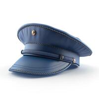 A detailed view of a blue police officer's cap with intricate stitching and a glossy finish. photo