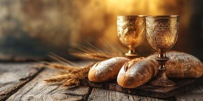 Beautifully arranged golden chalices and fresh bread on a wooden table, evoking a warm, inviting atmosphere. photo