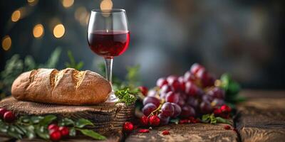 A glass of red wine beside a fresh loaf of bread and a bunch of grapes, set against a blurred backdrop with warm bokeh lights. photo