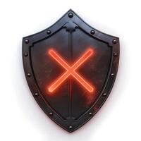 A metallic shield featuring a bold red crossed design, exuding a sense of protection and strength. photo