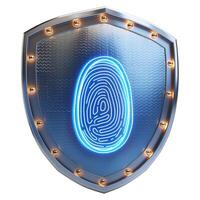 A futuristic shield featuring a glowing fingerprint design, symbolizing advanced security technology. photo