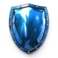 A shiny blue shield with an elegant metallic finish and rivets, representing strength and protection. photo