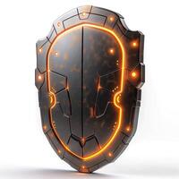 Futuristic metallic shield with glowing orange accents, designed for a sci-fi theme. photo
