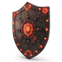 A striking decorative shield featuring intricate designs and glowing red lights, evoking a sense of fantasy and adventure. photo