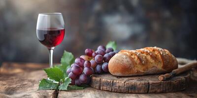 A glass of red wine paired with freshly baked bread and ripe grapes, set on a rustic wooden table. photo