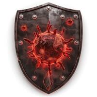 A striking shield design featuring a menacing virus illustration, symbolizing protection against disease. photo