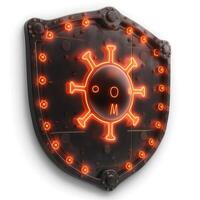 A striking black shield with a glowing orange virus symbol, conveying a theme of cybersecurity and protection. photo