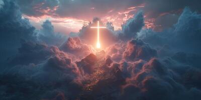 A radiant cross emerges through clouds, symbolizing hope and tranquility in a serene sky at sunrise. photo