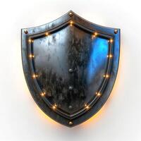 A metallic shield with glowing edges, showcasing a modern, artistic design perfect for themed decor. photo