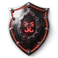 An intricately designed black shield featuring a glowing red spider emblem, surrounded by metallic studs. photo