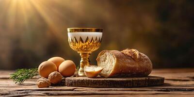 A rustic still life featuring fresh bread, eggs, and a golden chalice on a wooden table, evoking warmth and comfort. photo