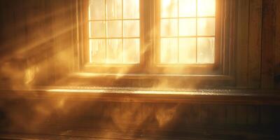 Golden sunlight streaming through a cozy window, illuminating the rustic wooden interior with a warm glow. photo