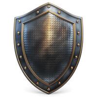 A detailed metallic shield featuring a textured surface, enhanced with brass studs and an ornate border, embodying strength and protection. photo