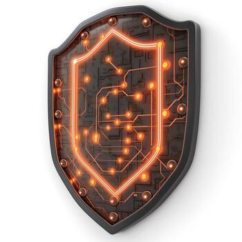 A futuristic shield emblem with glowing circuit patterns, symbolizing digital security and protection. photo