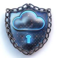 3D digital illustration of a cloud symbol inside a shield, representing cybersecurity and data protection. photo