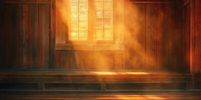 Golden light streams through a dusty window, illuminating a rustic wooden interior. photo