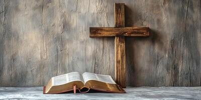 An open Bible resting on a wooden table beside a cross, symbolizing faith and spirituality. photo