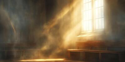 A serene interior scene featuring warm sunlight streaming through a dusty window, illuminating wooden benches. photo