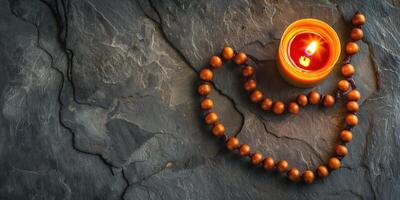 A tranquil scene featuring a lit candle and prayer beads on a textured stone surface, creating a serene atmosphere. photo