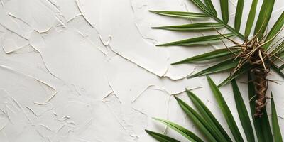A serene composition featuring green palm leaves against a textured white background, evoking a calm and natural aesthetic. photo
