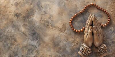 A pair of praying hands in a serene pose, accompanied by a strand of prayer beads against a textured earthy background. photo