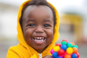 A joyful Black boy in a bright yellow hoodie, smiling widely while holding a colorful toy in his hands. photo