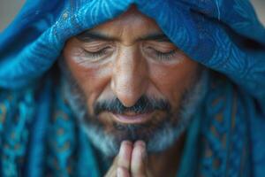 A contemplative Middle-Eastern man in a blue shawl, with clasped hands, embodying peace and spirituality. photo