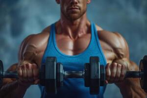 A muscular Caucasian male confidently holds dumbbells, showcasing strength and determination during a workout. photo
