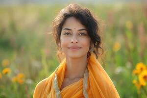 Smiling South Asian woman in a vibrant orange sari, surrounded by blooming flowers in a sunlit field. photo