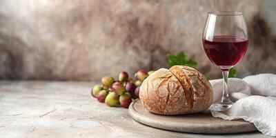 A rustic still life with a loaf of artisanal bread, a glass of red wine, and fresh grapes on a wooden cutting board. photo