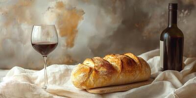 A rustic still life featuring a freshly baked loaf of bread, a glass of red wine, and a dark bottle, creating a cozy and inviting atmosphere. photo