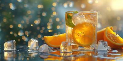 A refreshing glass of citrus drink garnished with orange slices and ice, set against a softly blurred background bursting with color. photo
