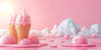 A whimsical scene featuring two pink ice cream cones with sprinkles surrounded by melting scoops on a soft pink background. photo